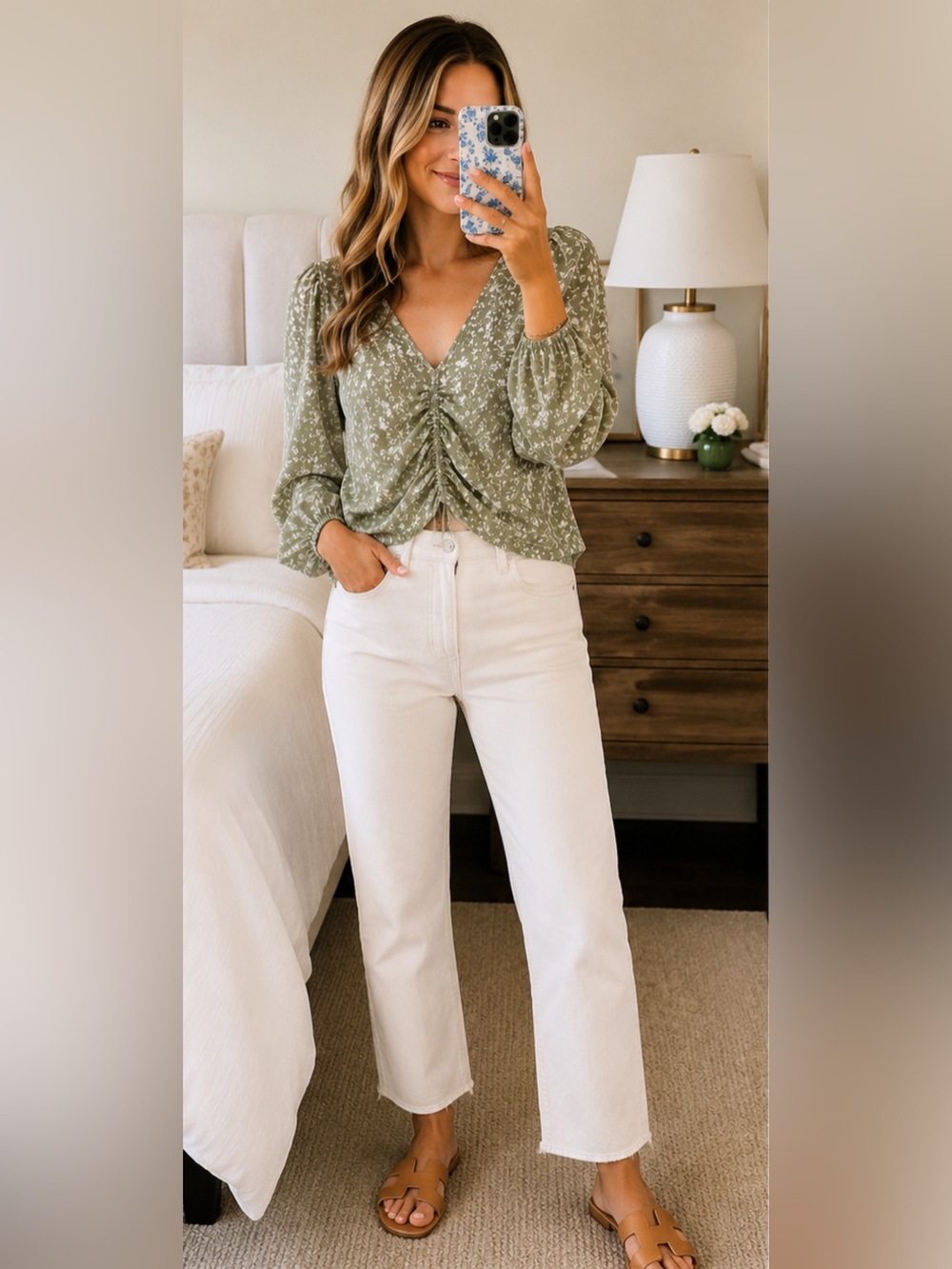 NWOT Abercrombie & Fitch Cinched Sage Floral Top